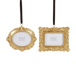 Two ornate gold hanging picture frames on a white background