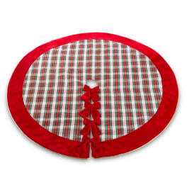 Plaid Christmas tree skirt with red velvet trim and bows