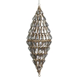 Teardrop-shaped hanging ornament with clear faceted beads and gold framework