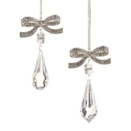 Pair of crystal bow ornaments with teardrop pendants on silver cords