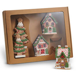Boxed set of Christmas cookie house and tree decorations