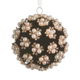 Pearl and rhinestone ornament with a black center and hanging loop