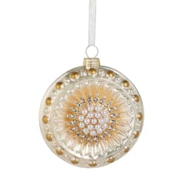Round glass ornament with pearl and rhinestone floral design