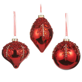 Three red jeweled Christmas ornaments with hanging ribbons