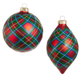 Two plaid Christmas ornaments with gold caps on a white background