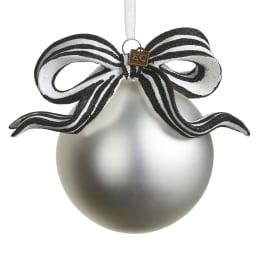 Silver ornament with a black-and-white striped bow and hanging ribbon