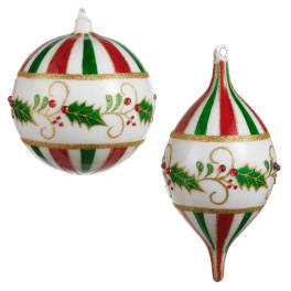 Two red, green, and white striped Christmas ornaments with gold glitter accents