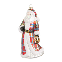 Santa Claus ornament holding a gold gift bag