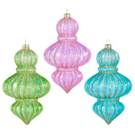 Three colorful glass ornament decorations on a white background