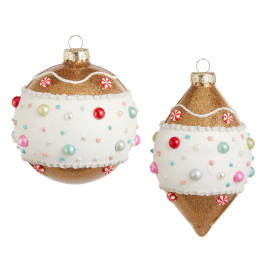 Two glittery Christmas ornament decorations with white and gold accents