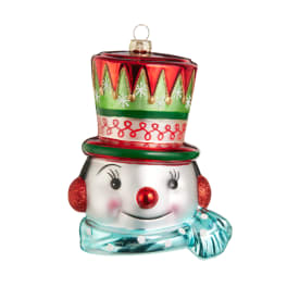 Decorative snowman ornament with a red-and-green top hat