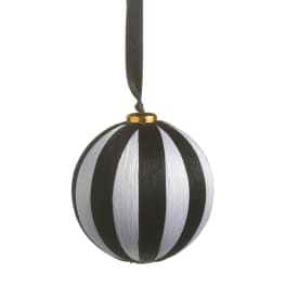 Black and white striped hanging ornament with a ribbon loop