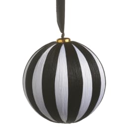 Black and white striped hanging ornament with a ribbon loop
