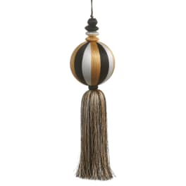 Decorative tassel ornament with black, gold, silver, and white bands