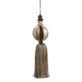 Decorative hanging tassel ornament with black, white, and gold beads