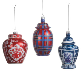 Three decorative hanging ornaments shaped like jars in red and blue