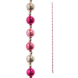 Pink and silver beaded garland hanging on a white background