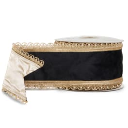 Black and gold decorative ribbon spool with pearl trim