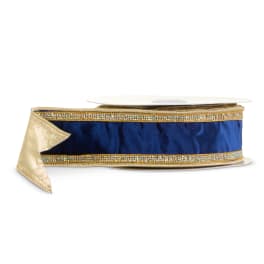 Blue and gold decorative ribbon spool on a white background
