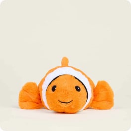Orange clownfish plush toy with a smiling face on a plain background