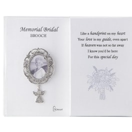 Memorial bridal brooch displayed on a printed card with a poem