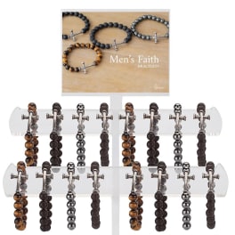 Display of men's beaded cross bracelets on a retail stand
