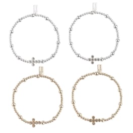 Four beaded bracelets with cross charms on a white background