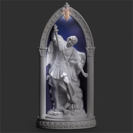 White angel statue in an arched frame with a blue background