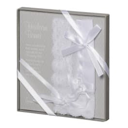 White heirloom bonnet in a gift box with satin ribbons