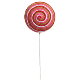 Round spiral lollipop on a stick in pink, red, white, and tan