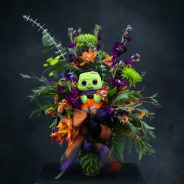 Halloween bouquet with a plush Frankenstein figure in a vase