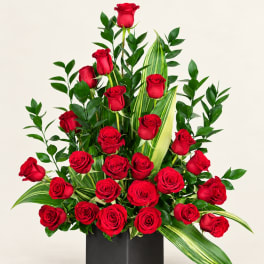 Red roses arranged in a tall black vase with variegated green foliage