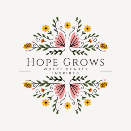 Decorative floral logo with the words Hope Grows