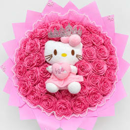 Pink rose bouquet with a Hello Kitty plush and crown