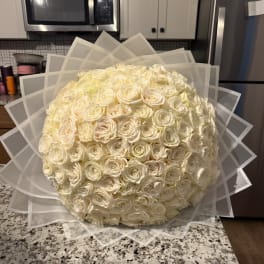Large round bouquet of cream roses wrapped in translucent paper