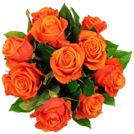 Bouquet of orange roses with green leaves