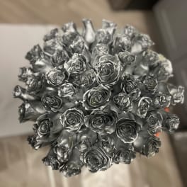 A bouquet of metallic silver roses viewed from above