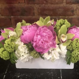 Pink peonies and green orchids in a white rectangular vase