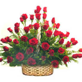 Basket arrangement of red roses
