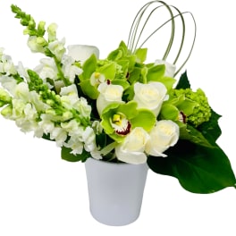 White and green floral arrangement in a white vase