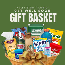 Gift basket with snacks, drinks, tea, soup, and hand sanitizer