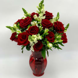 Red roses and white snapdragons arranged in a red glass vase.