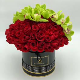 Red roses with green orchids in a black round box