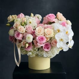 Pink and white roses with orchids in a cream vase