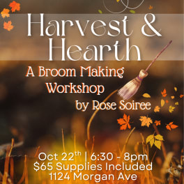 Poster for a broom making workshop with autumn leaves and a broom illustration