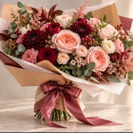 Bouquet of pink and burgundy roses with a satin ribbon wrap