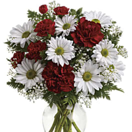 Red carnations and white daisies in a clear glass vase