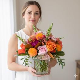 Woman holding a colorful bouquet in a glass vase