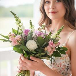 Woman holding a bouquet of pink and white flowers
