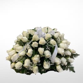 White rose bouquet with baby's breath and white ribbon